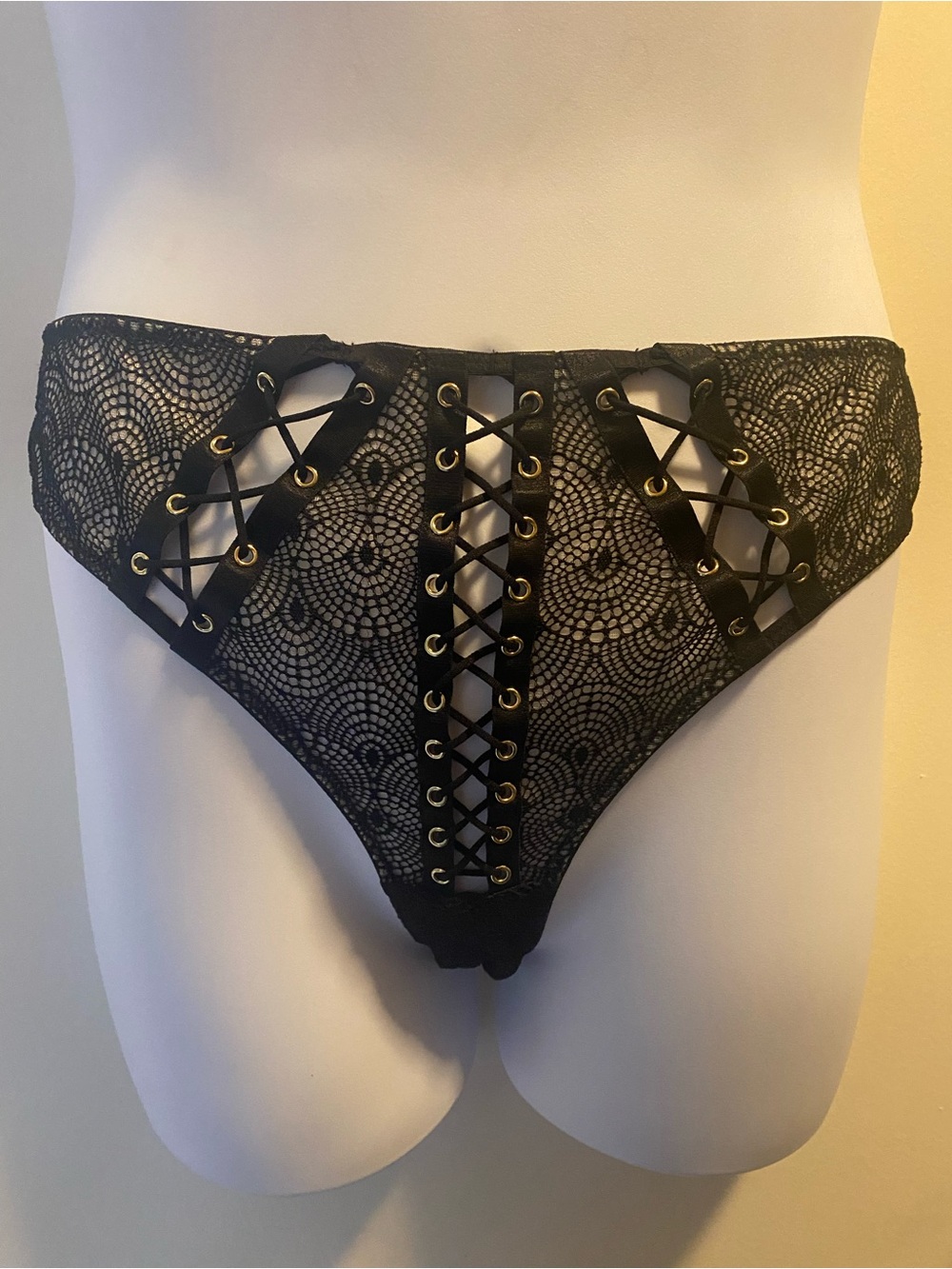NWT Playful Promises Florence Black Lace Lattice-Front Women's Brazilian Briefs